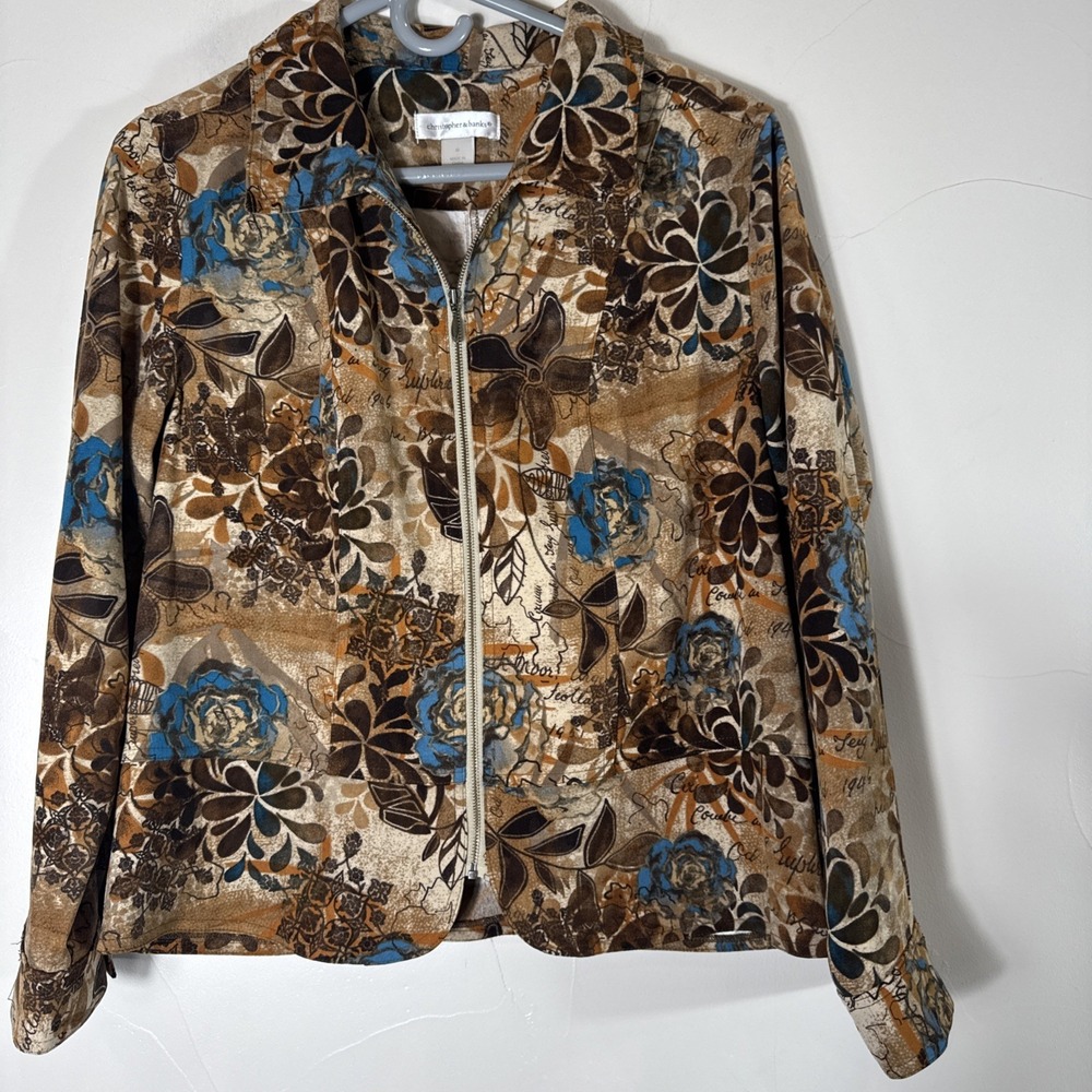 Christopher & Banks Jacket Womens Floral Brown‎ With Blue Roses Full Zip Medium